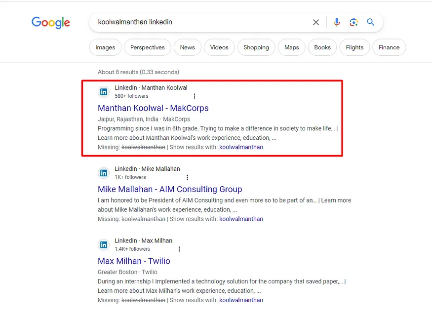 manthan koolwal's linkedin URL search using google
