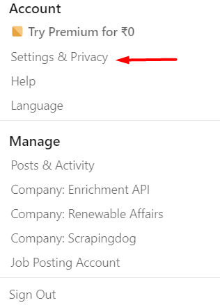 setting & privacy tab in linkedin settings